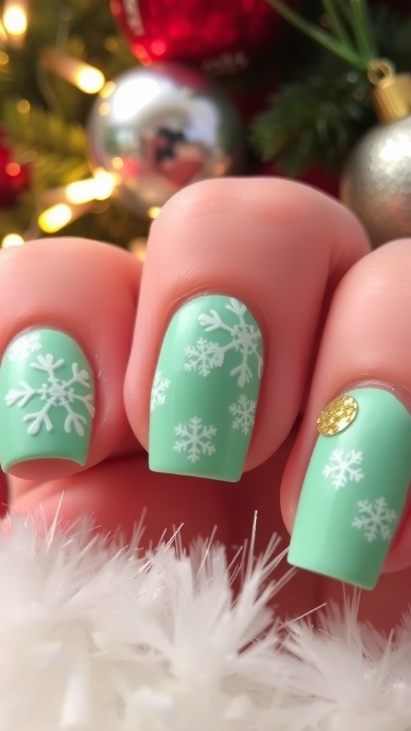 Mint green Christmas nails with white snowflakes and gold glitter on a festive background.